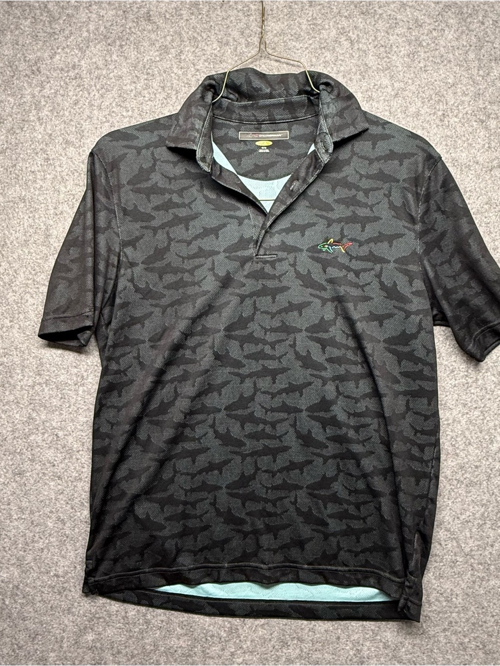 Greg Norman Collection Black Shark-Print Polo with Teal Accents
